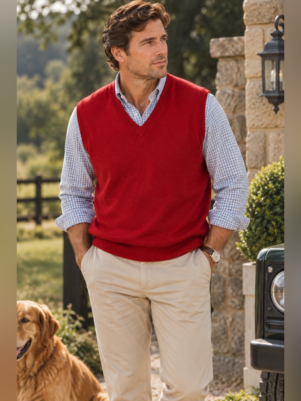 100% Cashmere Red V-Neck Sweater Vest Size 54 Men’s Classic Preppy Knit
